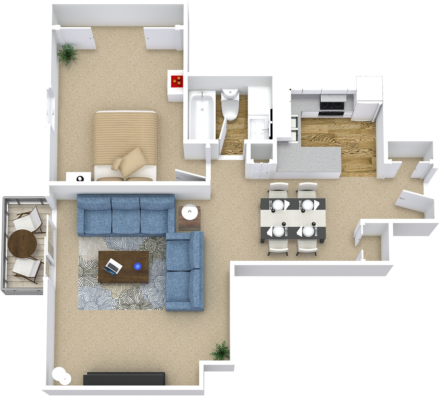 Floor plan for 1 bed, 1 bath, 749 sqft